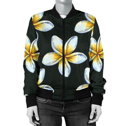 White Plumeria Pattern Print Design PM022 Women Bomber Jacket