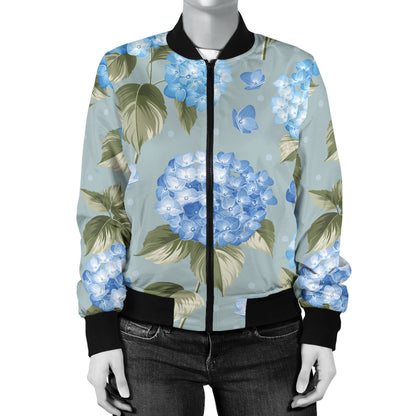 Hydrangea Pattern Print Design 01 Women's Bomber Jacket