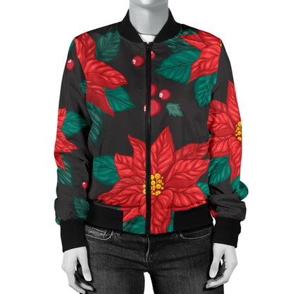 Poinsettia Pattern Print Design POT07 Women Bomber Jacket