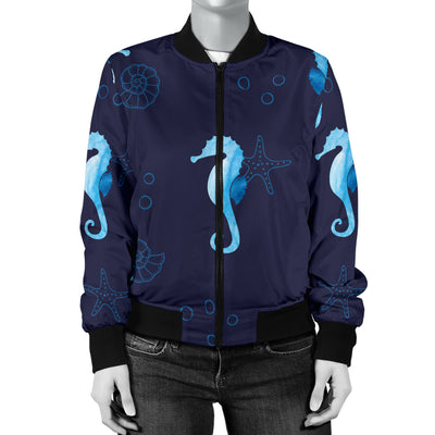 SeaHorse Blue neon Pattern Print Design 03 Women's Bomber Jacket