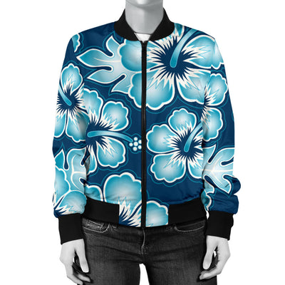 Blue Hibiscus Pattern Print Design HB011 Women Bomber Jacket