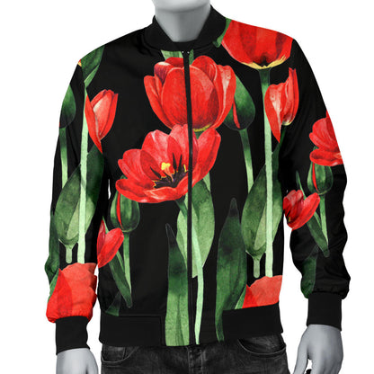 Tulip Red Pattern Print Design TP03 Men Bomber Jacket