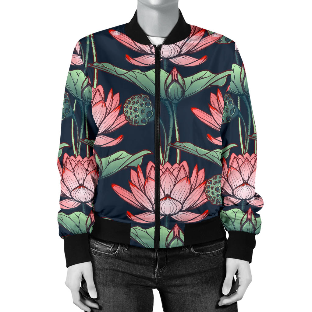 Water Lily Pattern Print Design WL03 Women Bomber Jacket
