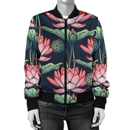 Water Lily Pattern Print Design WL03 Women Bomber Jacket