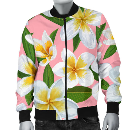 White Plumeria Pattern Print Design PM011 Men Bomber Jacket