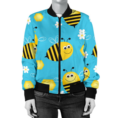 Bee Pattern Print Design BEE06 Women Bomber Jacket