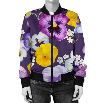 Pansy Pattern Print Design PS02 Women Bomber Jacket