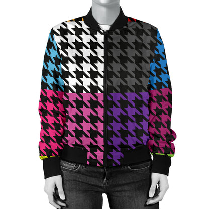 Houndstooth Colorful Pattern Print Design 01 Women's Bomber Jacket