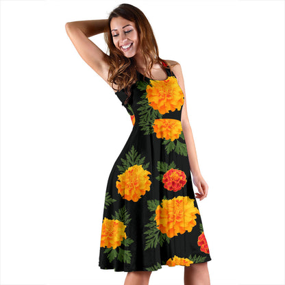Marigold Pattern Print Design MR05 Midi Dress