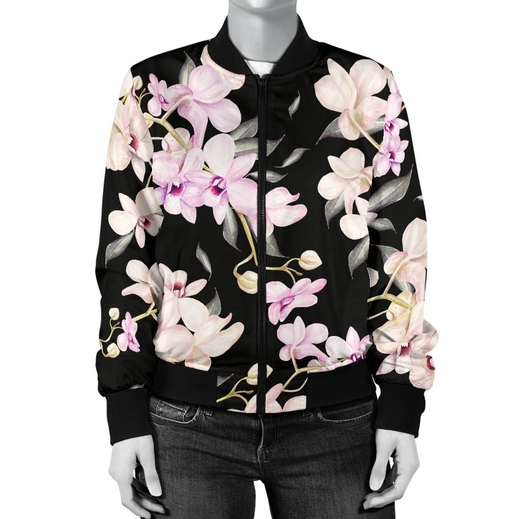 Orchid White Pattern Print Design OR03 Women Bomber Jacket