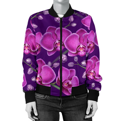 Orchid Purple Pattern Print Design OR02 Women Bomber Jacket