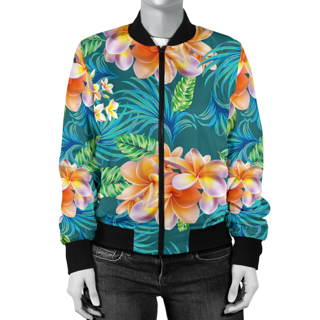 Plumeria Tropical Flower Design Print Women Bomber Jacket