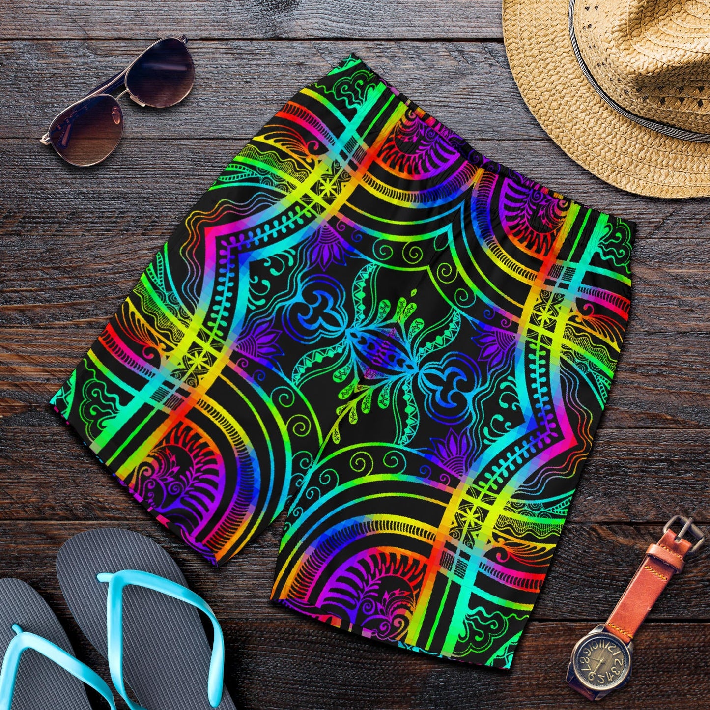 Neon Trible Rainbow Pattern Print Design A01 Mens Shorts