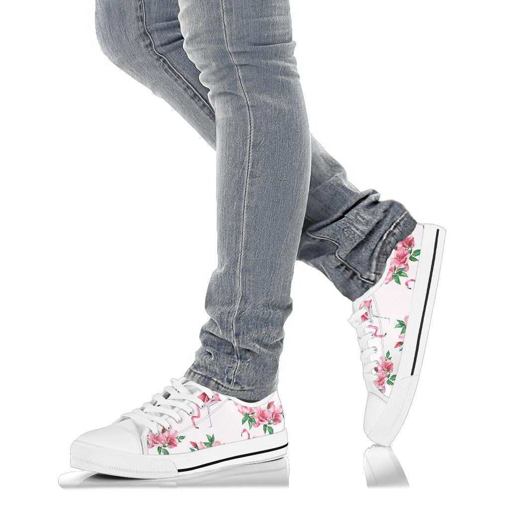 Flamingo Rose Pattern White Bottom Low Top Shoes