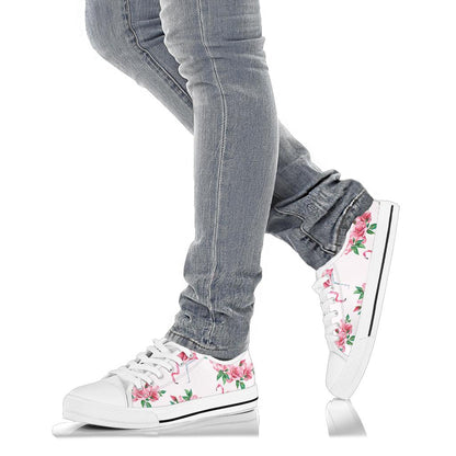 Flamingo Rose Pattern White Bottom Low Top Shoes