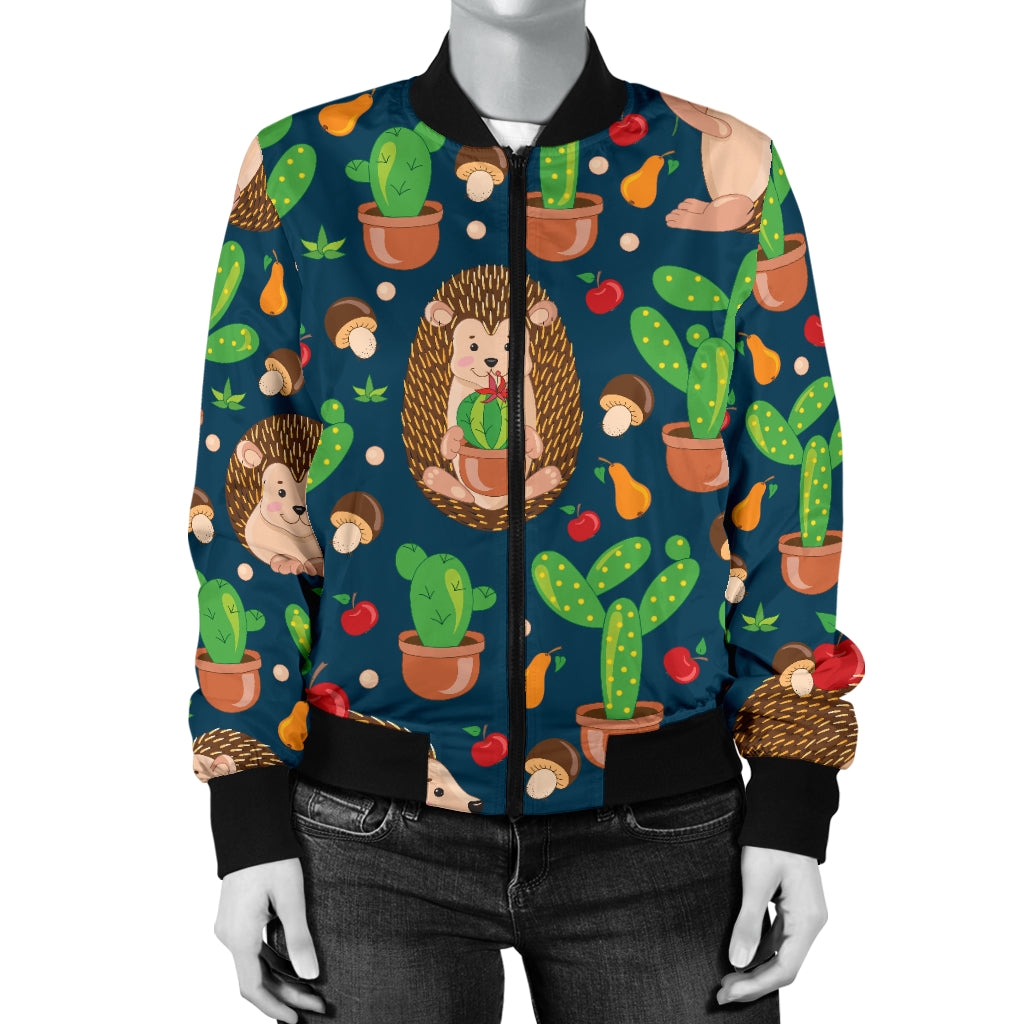 Hedgehog Cactus Pattern Print Design 04 Women's Bomber Jacket