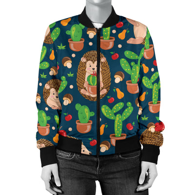 Hedgehog Cactus Pattern Print Design 04 Women's Bomber Jacket