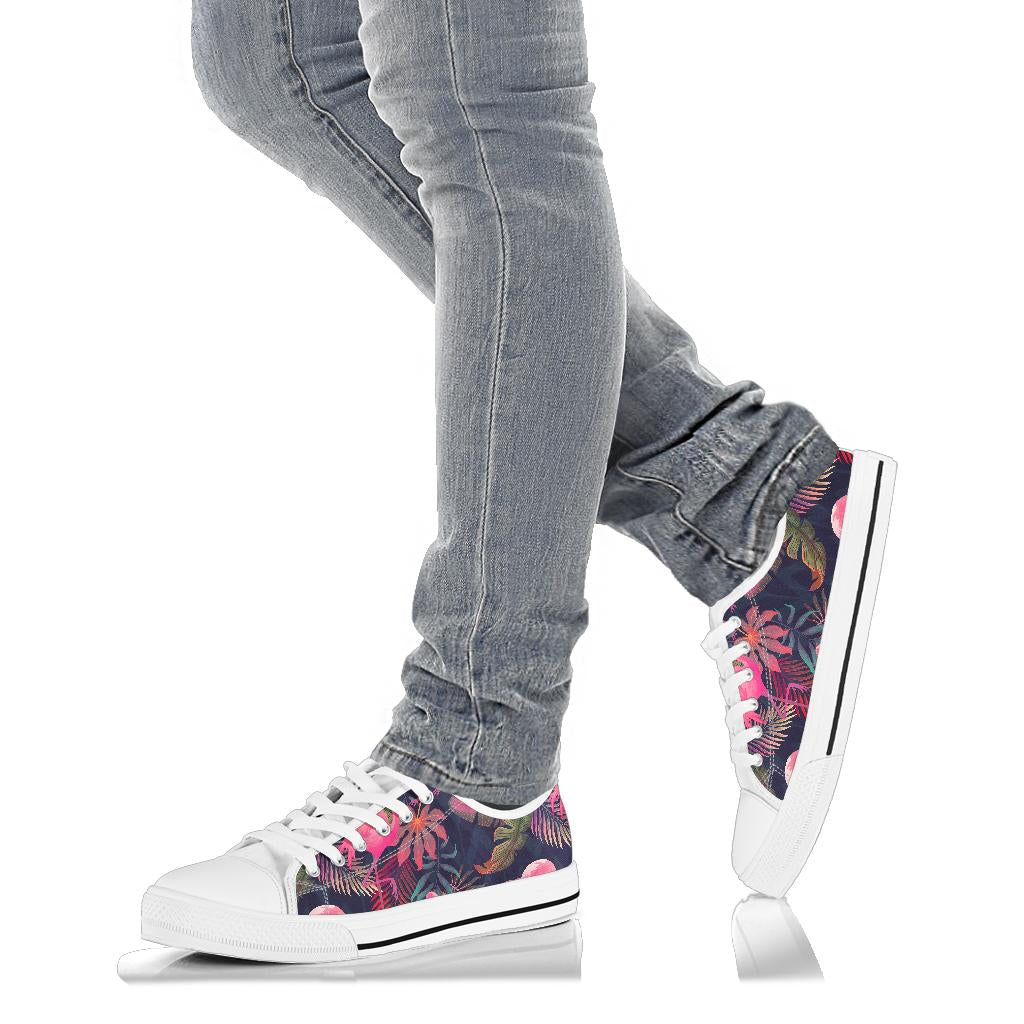 Flamingo Tropical Pattern White Bottom Low Top Shoes