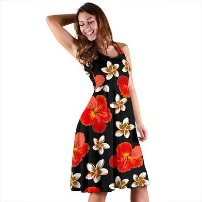 Red Hibiscus Pattern Print Design HB022 Midi Dress