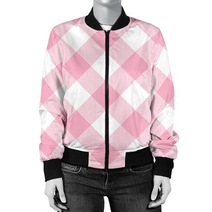 Gingham Pink Pattern Print Design 02 Women's Bomber Jacket