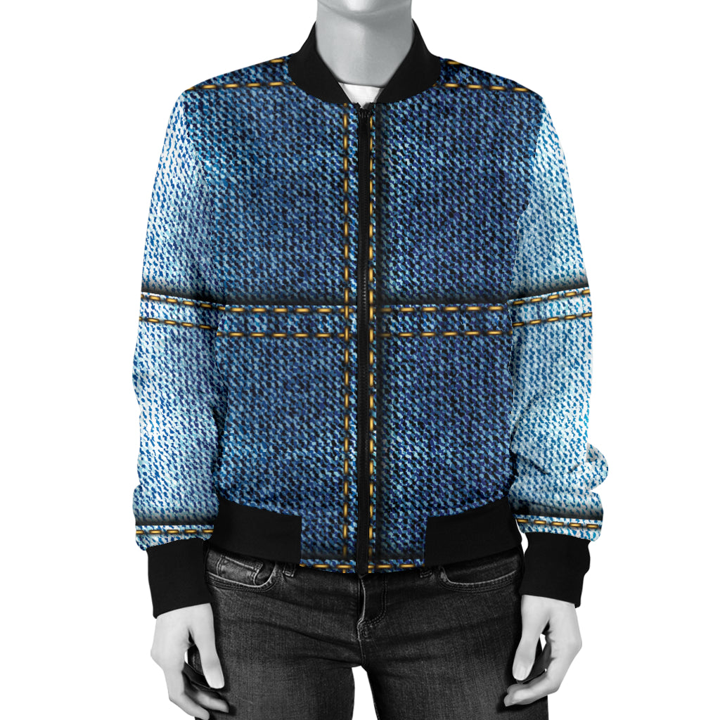 Jean Patchwork Pattern Print Design 02 Women's Bomber Jacket