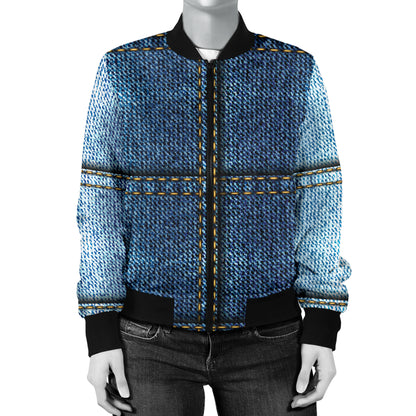 Jean Patchwork Pattern Print Design 02 Women's Bomber Jacket