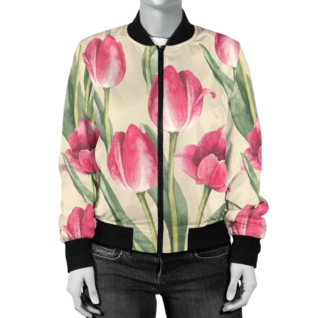 Tulip Pink Pattern Print Design TP06 Women Bomber Jacket