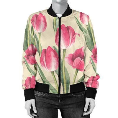 Tulip Pink Pattern Print Design TP06 Women Bomber Jacket
