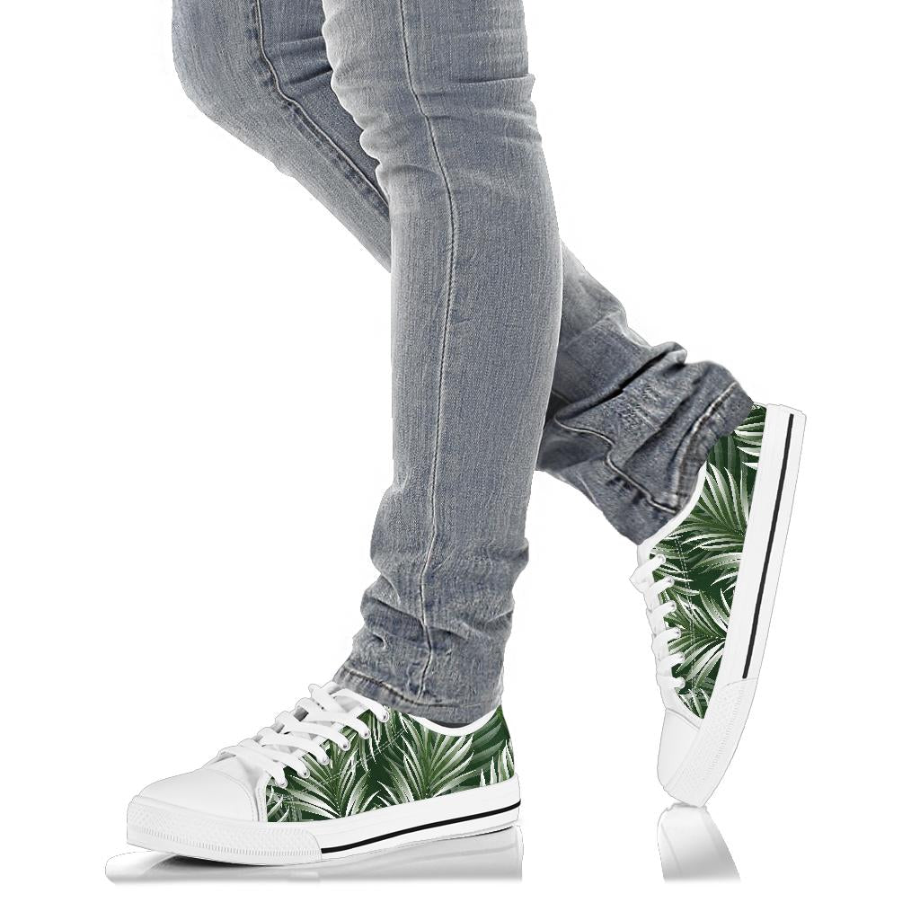 White Green Tropical Palm Leaves White Bottom Low Top Shoes