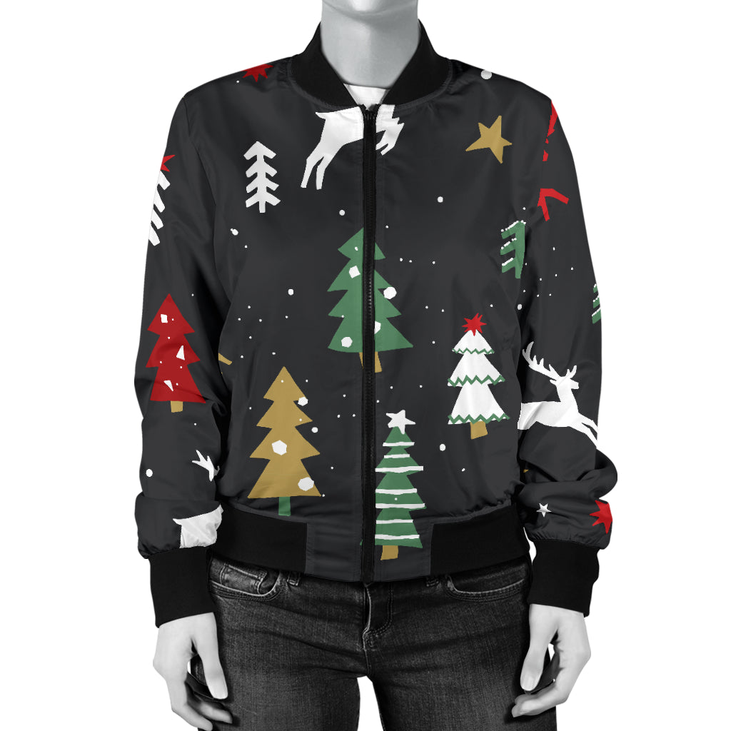 Christmas Tree Deer Style Pattern Print Design 03 Women's Bomber Jacket