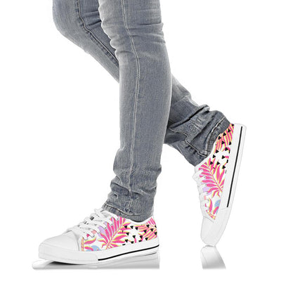 Pink Tropical Palm Leaves White Bottom Low Top Shoes