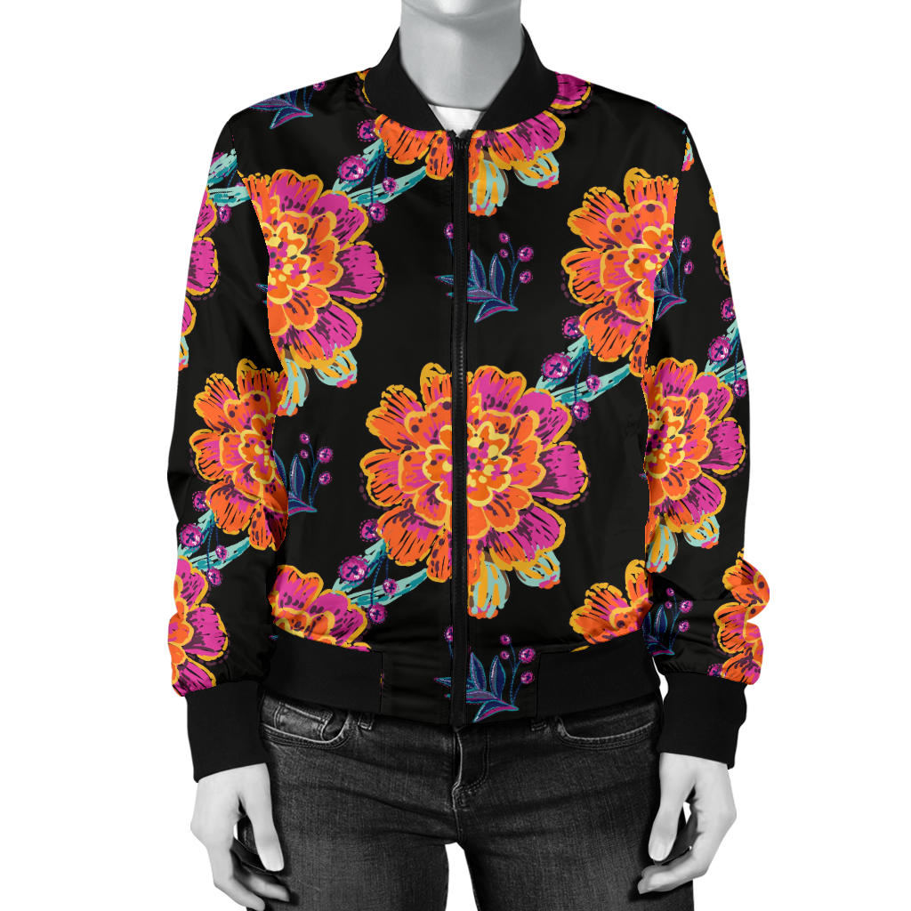 Marigold Pattern Print Design MR04 Women Bomber Jacket