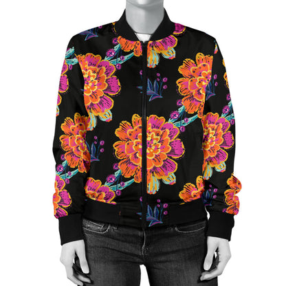 Marigold Pattern Print Design MR04 Women Bomber Jacket
