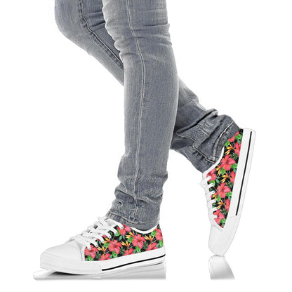Red Hibiscus Pattern Print Design HB07 White Bottom Low Top Shoes
