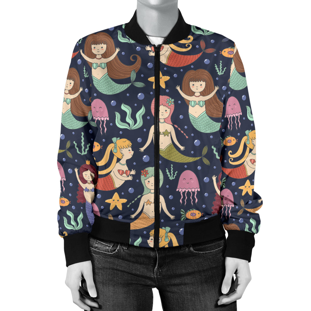 Mermaid Cartoon Pattern Print Design 03 Women's Bomber Jacket