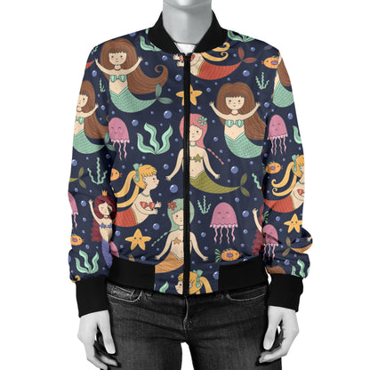 Mermaid Cartoon Pattern Print Design 03 Women's Bomber Jacket