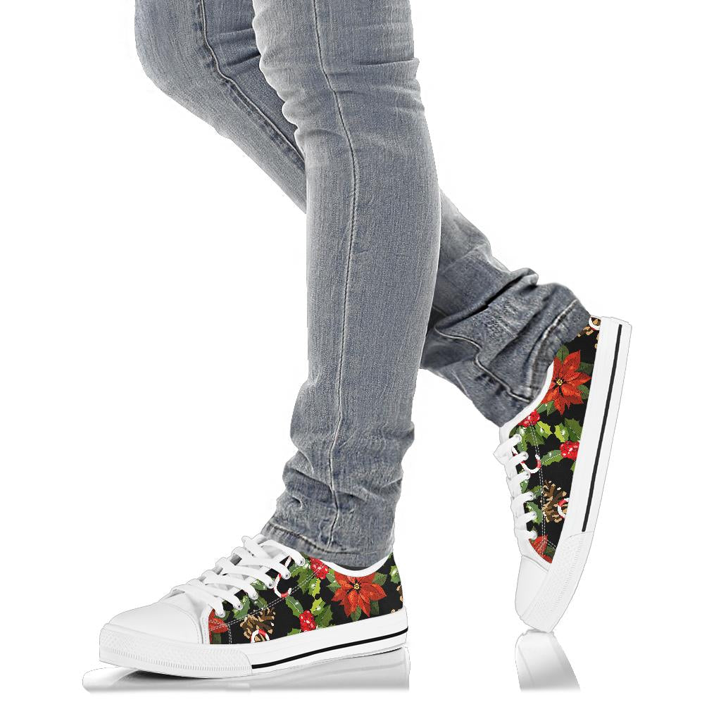 Poinsettia Pattern Print Design POT01 White Bottom Low Top Shoes