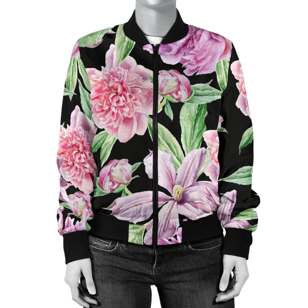Peony Pattern Print Design PE08 Women Bomber Jacket