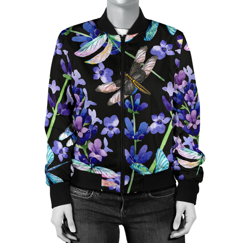 Lavender Dragonfly Pattern Print Design LV03 Women Bomber Jacket
