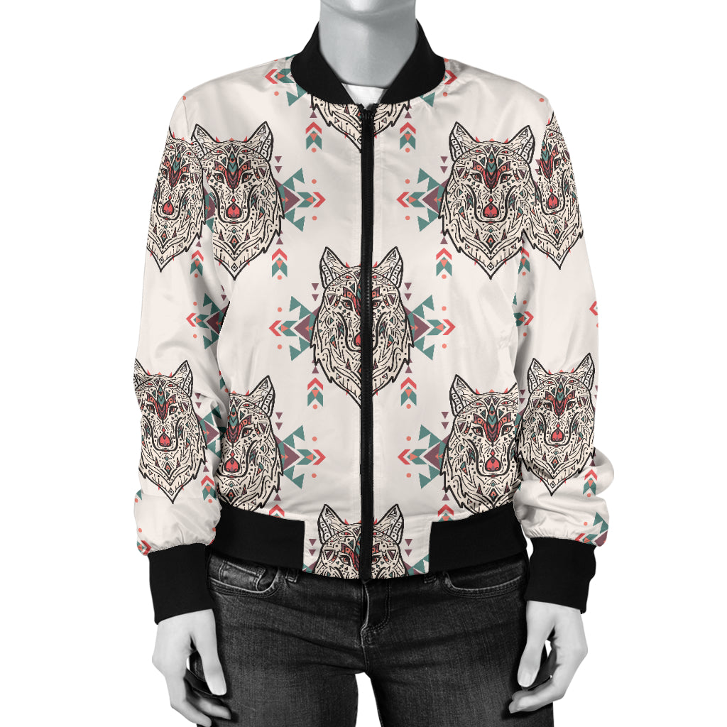 Aztec Wolf Pattern Print Design 01 Women's Bomber Jacket