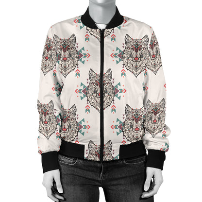 Aztec Wolf Pattern Print Design 01 Women's Bomber Jacket