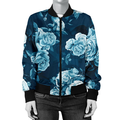 Rose Blue Pattern Print Design RO014 Women Bomber Jacket