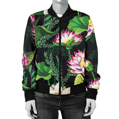 Water Lily Pattern Print Design WL010 Women Bomber Jacket