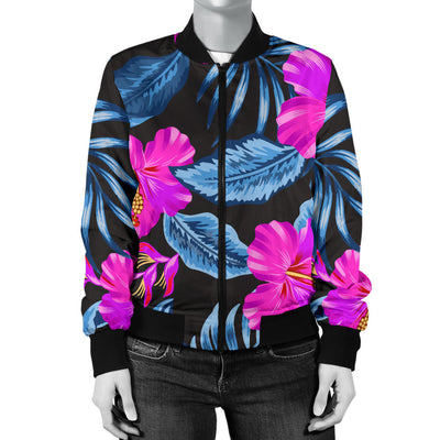 Neon Pink Hibiscus Pattern Print Design HB015 Women Bomber Jacket