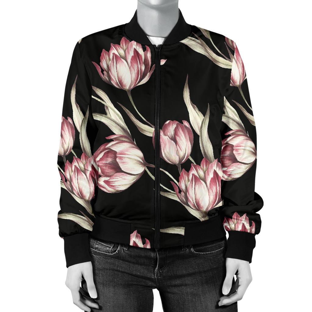 Tulip Pink Pattern Print Design TP02 Women Bomber Jacket