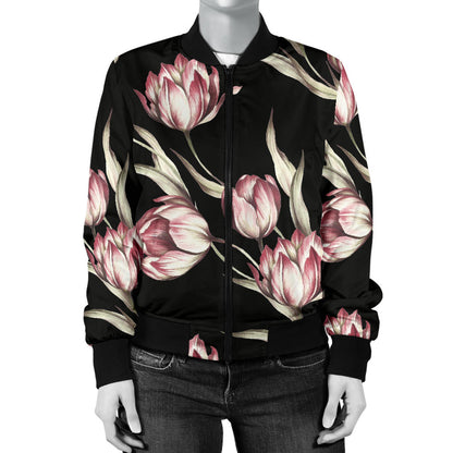 Tulip Pink Pattern Print Design TP02 Women Bomber Jacket