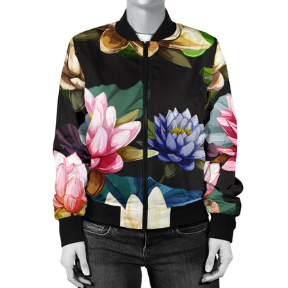 Water Lily Pattern Print Design WL02 Women Bomber Jacket