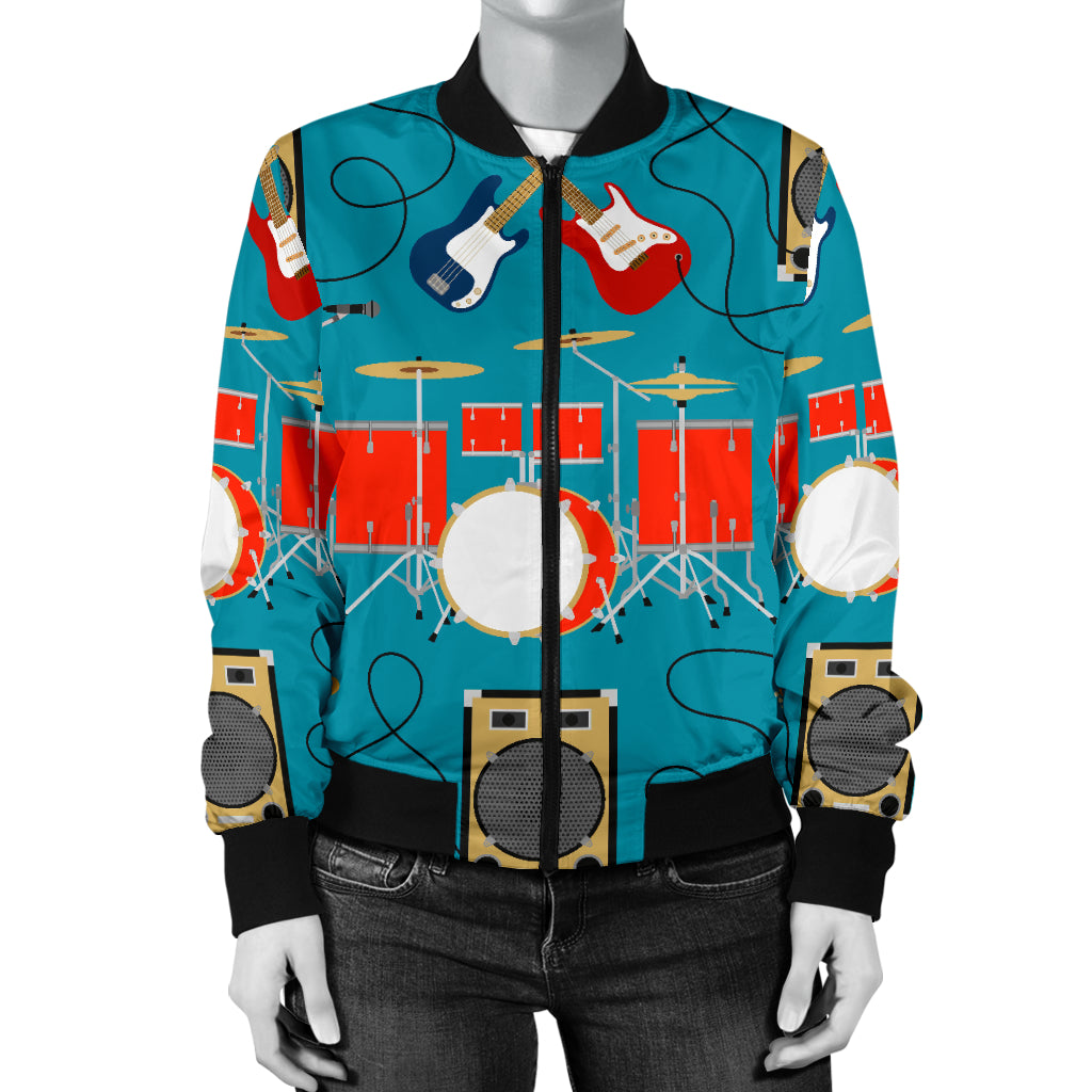 Drum Set Guitar Pattern Print Design 02 Women's Bomber Jacket