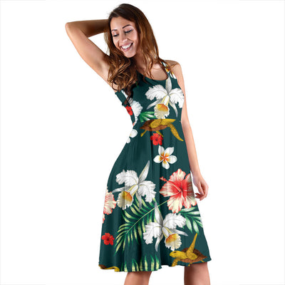 Hawaiian Flower Design with SeaTurtle Print Midi Dress