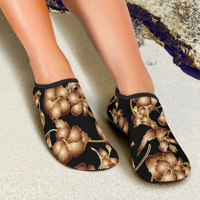 Brown Hibiscus Pattern Print Design HB06 Aqua Water Shoes